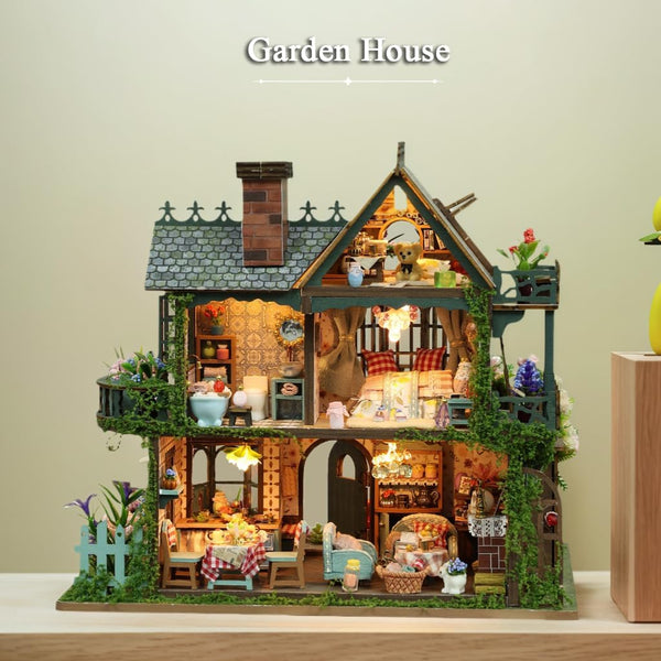 Garden House DIY Miniature Dollhouse Kit, LED Wooden Cottage Model, Floral Mini House Decor, Handmade Craft Gift