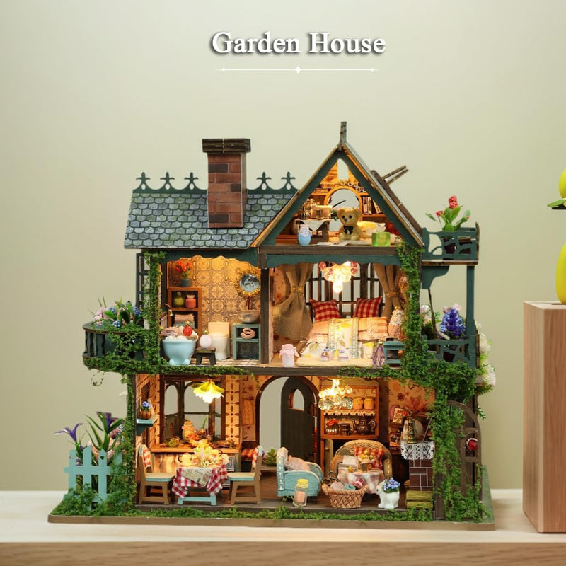 Garden House DIY Miniature Dollhouse Kit, LED Wooden Cottage Model, Floral Mini House Decor, Handmade Craft Gift