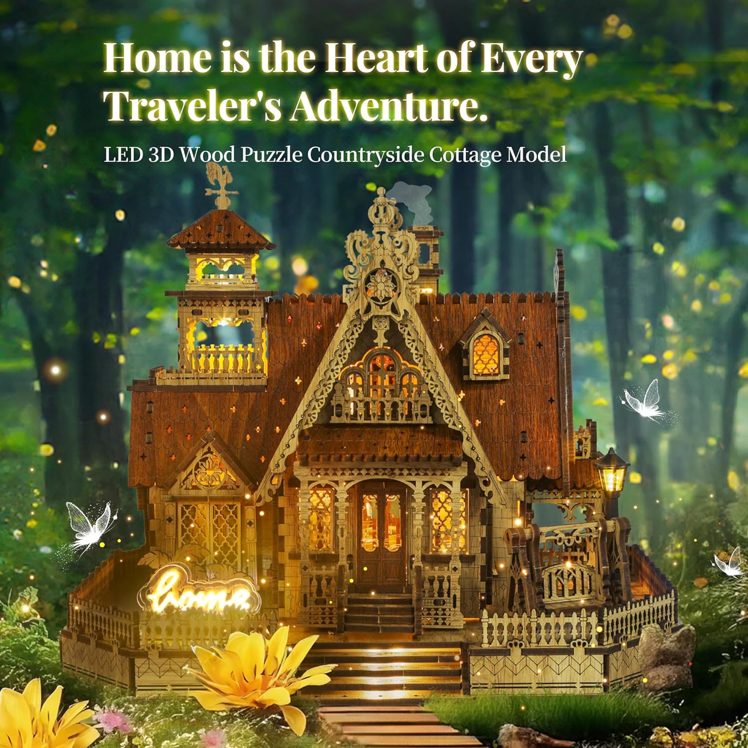 Luxury LED Countryside Cottage Miniature Kit, Wooden DIY House, Cozy Home Decor, Adjustable Light, Romantic Gift for Her