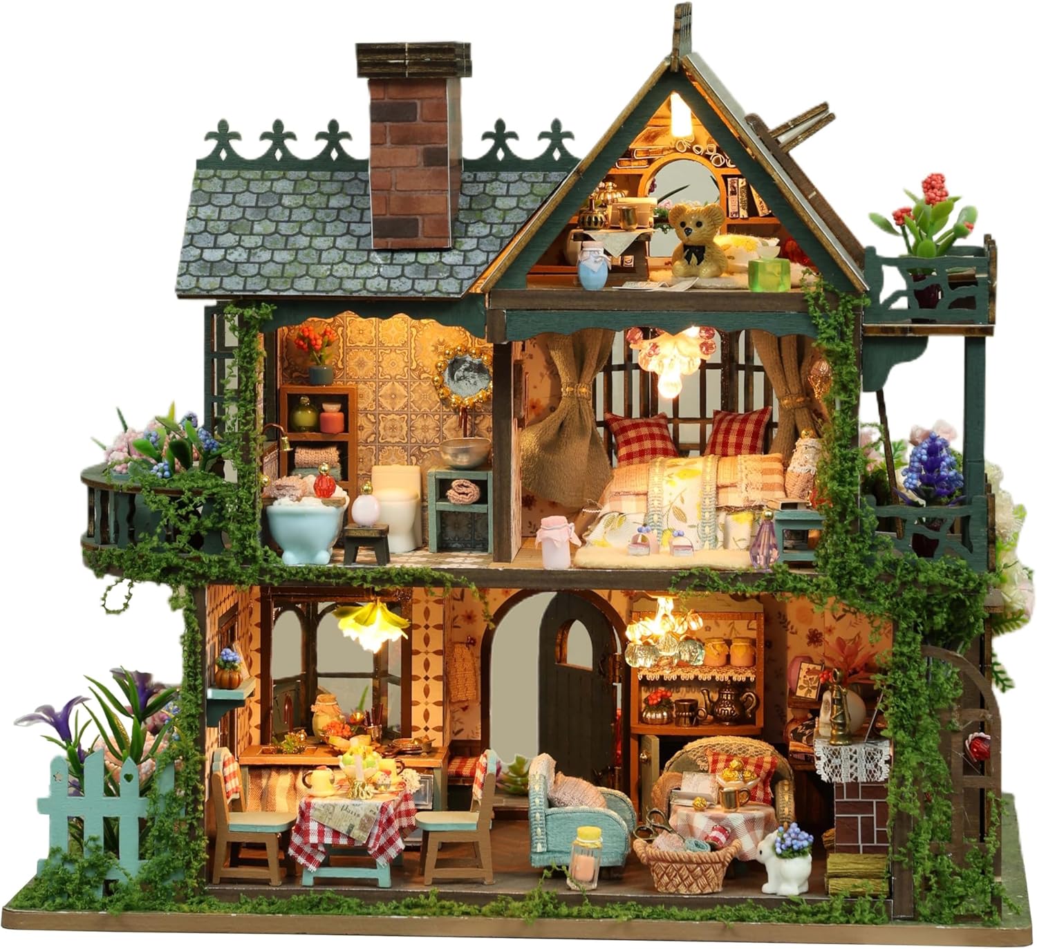 Garden House DIY Miniature Dollhouse Kit, LED Wooden Cottage Model, Floral Mini House Decor, Handmade Craft Gift