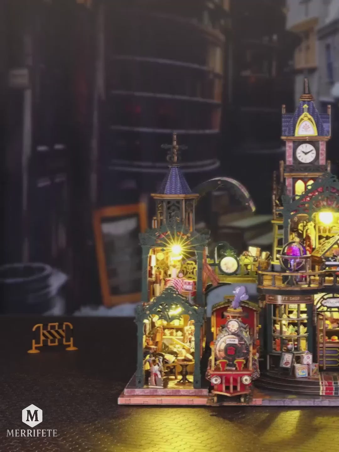 Steampunk Train Station DIY Miniature Kit, 3D Wooden Puzzle, Music & Lights, Victorian Style Collectible Craft, Book Nook Decor, Hobby Gift